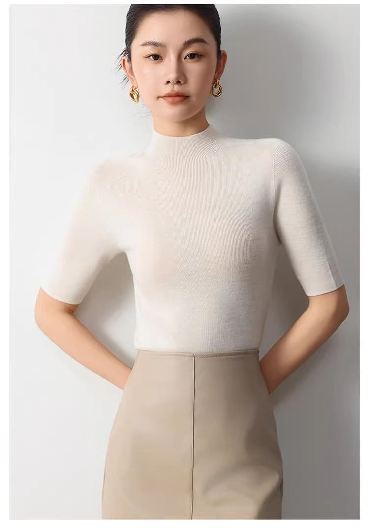 Maglione estivo in lana a maniche lunghe con collo alto, 100% senza cuciture, realizzato in filato tedesco Yangzi Yarn Island_voghion.com