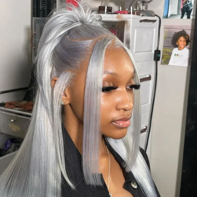 Sølvgrå Glat Lace Front Paryk 13x4 13x6 Lace Frontal Parykker af Ægte Hår Transparent Brasiliansk Hår Farvede Parykker Til Kvinder_voghion.com