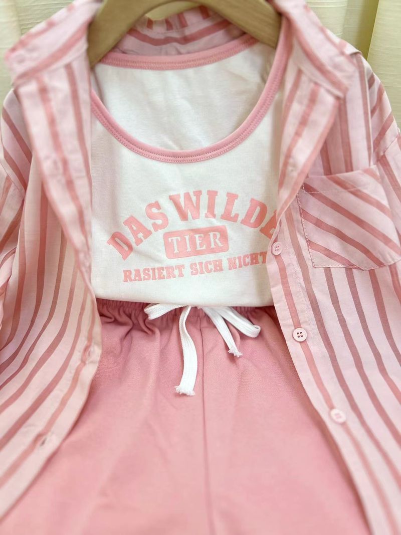 Kid's Clothing 2024 early autumn new girls' casual striped sunscreen shirt stylish vest shorts three piece set_voghion.com