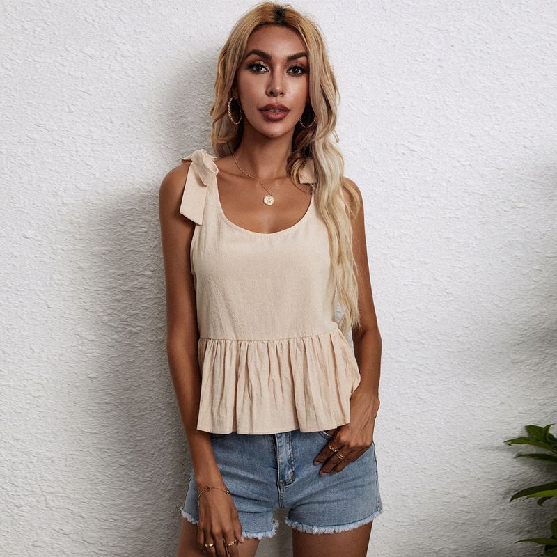 2023 T-shirt ampia e versatile da donna con cinturino al collo a U Canotta con cinturino dritto in cotone e canapa_voghion.com