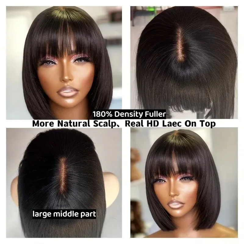 Cheap Short Bob Human Hair Wigs With Bangs Fringe Wig Straight Lace Middle Part for Women_voghion.com