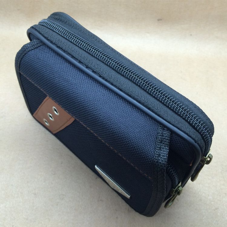 Sac banane extensible en toile noire pour homme, avec fermeture éclair double couche et rabat pour téléphone_voghion.com