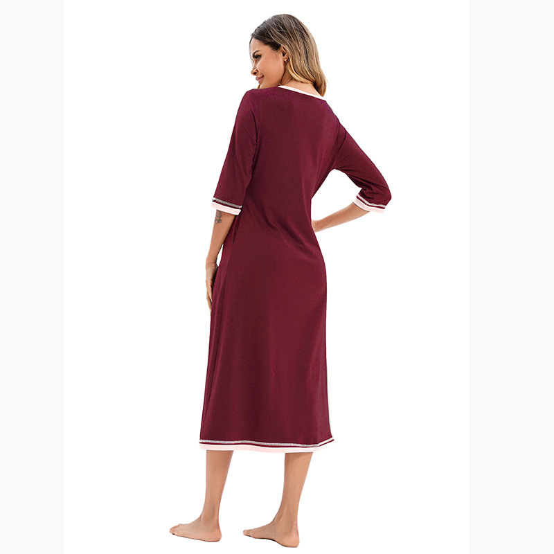 Roupas femininas, camiseta feminina de comprimento médio, saia longa, decote em V, algodão, cor combinando, manga três quartos, camisola, comprimento médio, roupas para casa_voghion.com