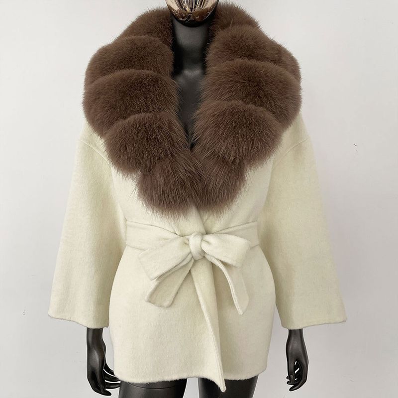 Kurzer Wollmantel für Damen mit Fuchspelzkragen – doppelseitige, übergroße Trenchcoatjacke, lässige, elegante Oberbekleidung, Winterblazer mit Gürtel (S/M)_voghion.com