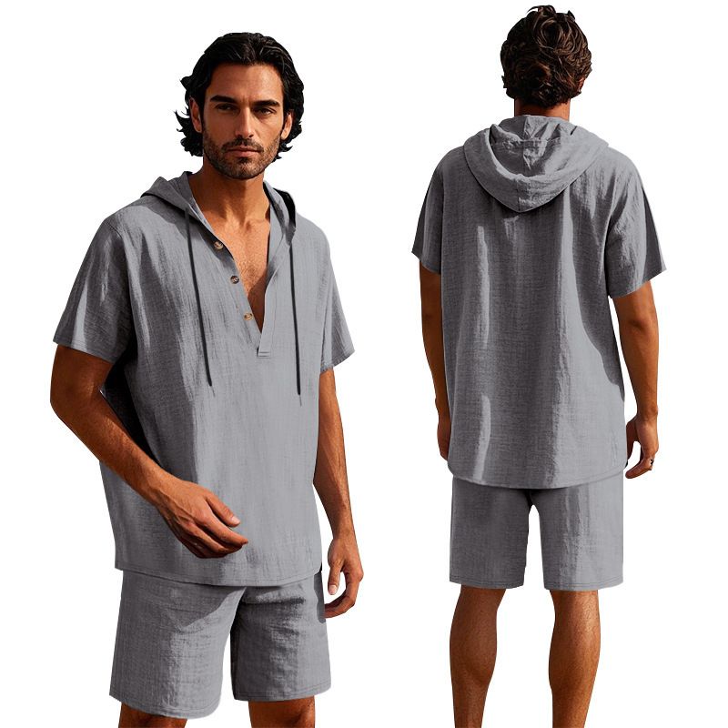 Completo da uomo in lino con camicia e pantaloncini - Completo casual estivo da spiaggia a maniche corte con vestibilità ampia_voghion.com