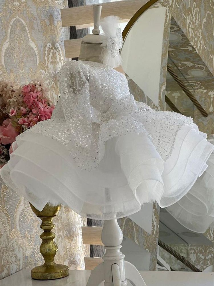 Robe de princesse à paillettes et manches longues pour filles, tenue élégante et duveteuse, idéale pour un bal d'anniversaire ou une célébrité, collection 2024_voghion.com