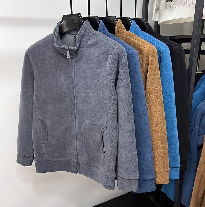 Giacca in pile con collo alto e cerniera da uomo - Cappotto invernale caldo e spesso con cappuccio in tinta unita per abbigliamento casual all'aperto_voghion.com