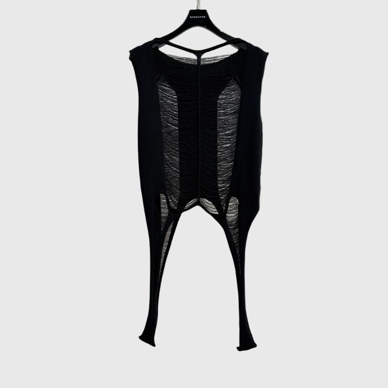 meisje SUBHUMAN | Hollow Out onregelmatig gebreid dames niche-ontwerp Spicy Girl doorschijnende mouwloze dunne top_voghion.com