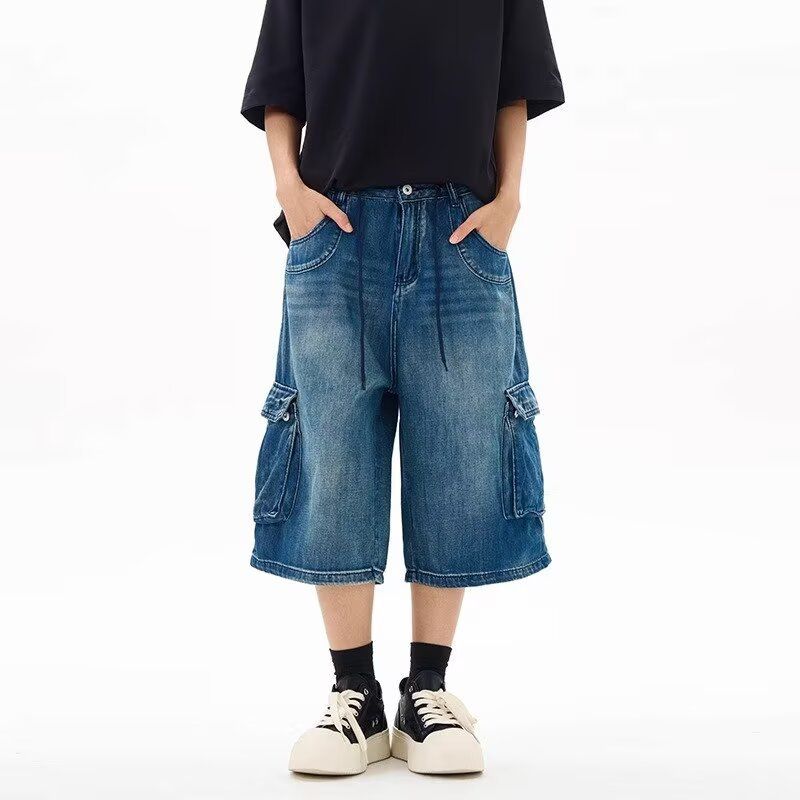 Summer New American Style Loose Fit Three-Dimensional Pocket Capri Pants Unisex Cargo Denim Shorts Versatile Slimming_voghion.com