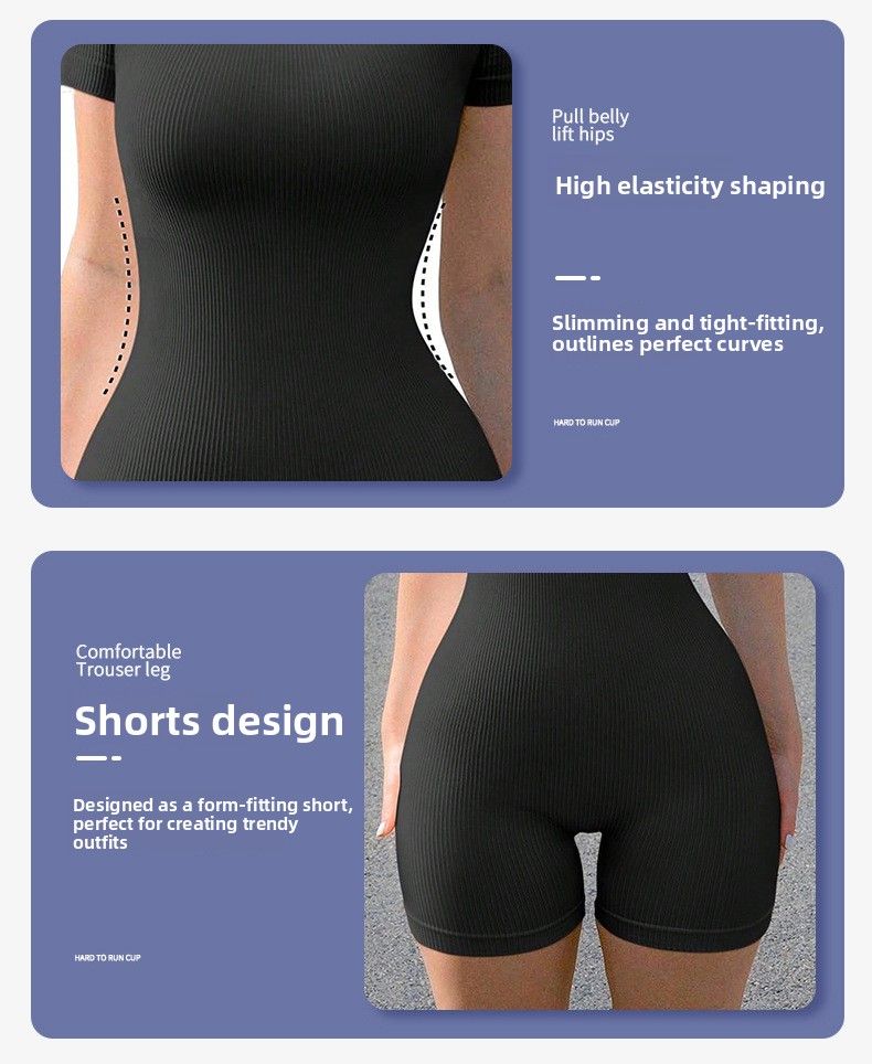 Cross-Border Neue Shorts mit quadratischem Ausschnitt für Damen, schmal geschnitten, hohe Taille, eng anliegend, einfarbig, gerippt, sportlich-lässiger Jumpsuit_voghion.com