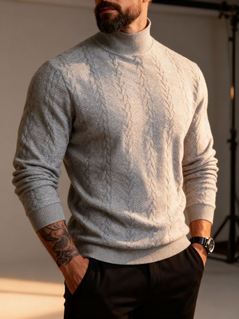 2025 Autumn And Winter New European Size Solid Color Jacquard Sweater Men's High Collar Thick Warm Sweater_voghion.com