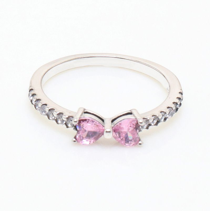 Új ezüstözött rózsaszín masnis gyűrű divatos szerelmes szív alakú gyűrűujjra Valentin-napi ajándék barátnőnek_voghion.com