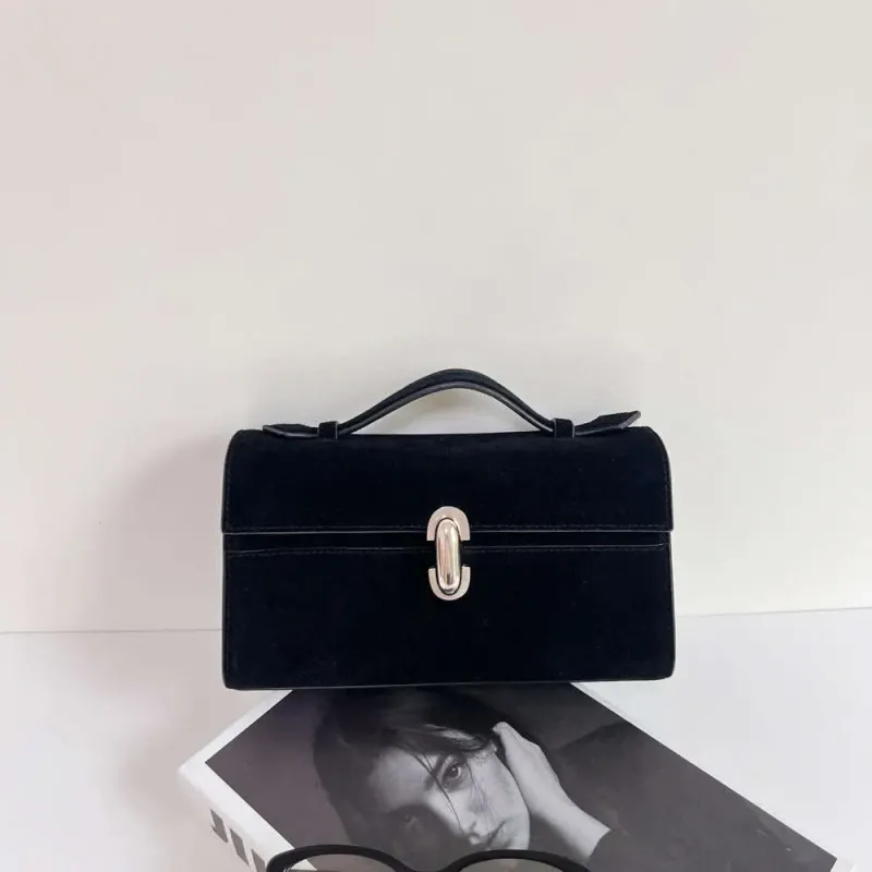 First-Layer Cowhide Vintage Handbag 25 Women Niche Design Black Suede Flip Clutch Genuine Leather Handheld Small Square_voghion.com