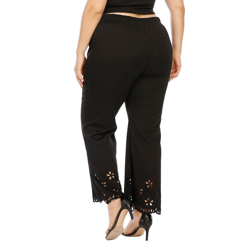 plus size women's hollowed-out burnt flower micro flared straight pants elastic waist casual pants_voghion.com