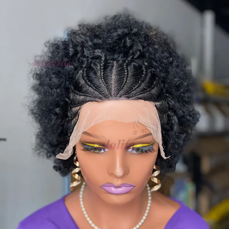 Afro Kinky Curly žmogaus plaukų perukas su kasytėmis 13x4 permatomas nėriniuotas priekis trumpas Bob perukas moterims_voghion.com