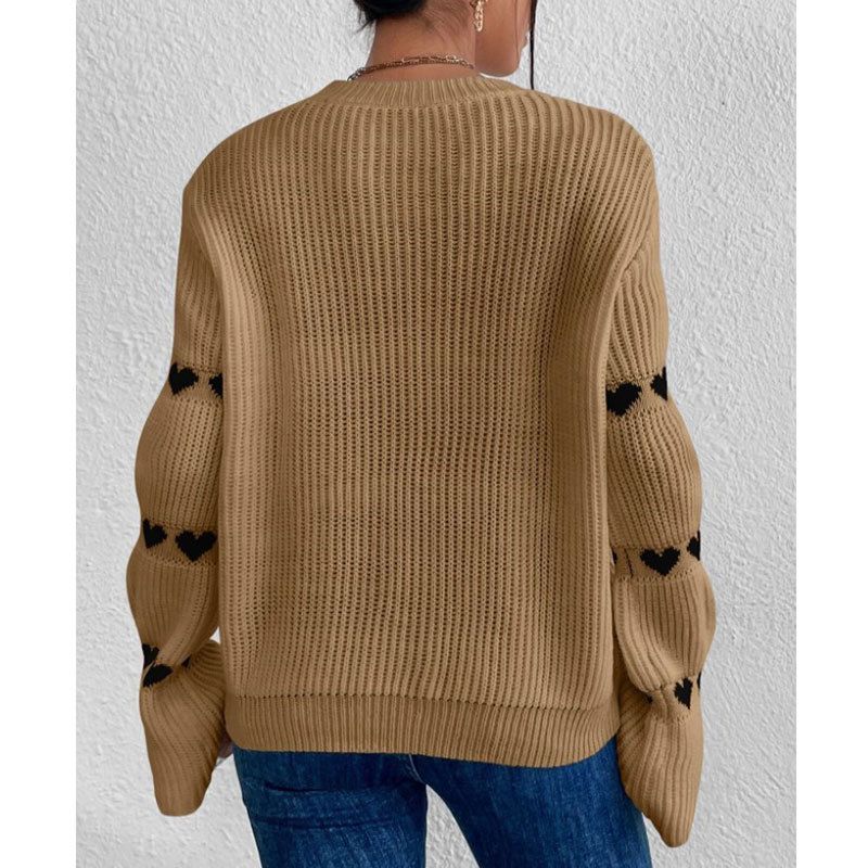 Übergroßer Langarmpullover für Damen mit Streifen- und Herzstickerei – Weicher Acryl-Strickpullover, Rundhalsausschnitt, süßes Freizeitoberteil_voghion.com