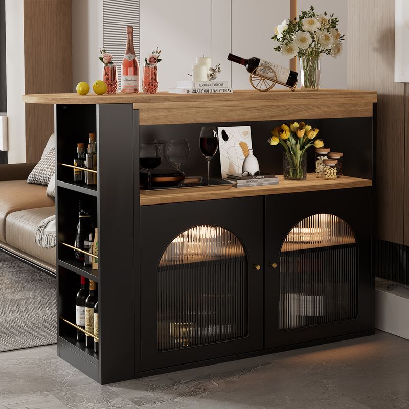 Table de bar extensible moderne 138-193 x 39 x 105 cm avec rangement, table à manger rotative avec bande lumineuse LED réglable de 1 m, style bistro noir pour salle à manger_voghion.com