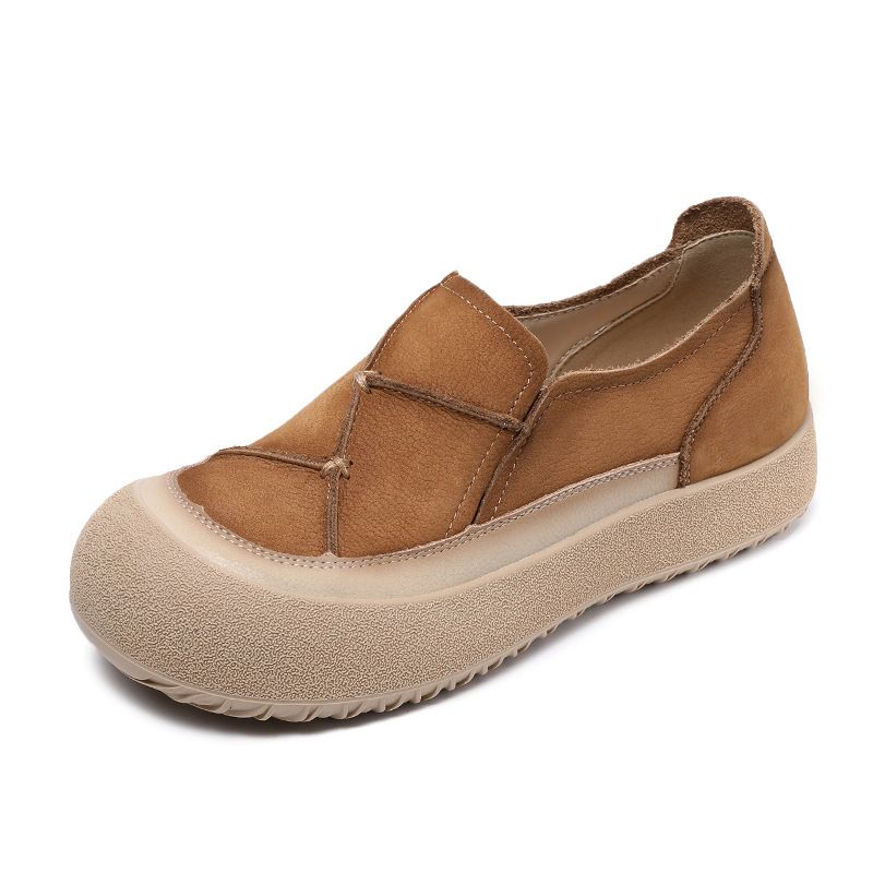 Zhi Mei Genuine Leather Thick Sole Slip-On Loafers For Women 2025 Spring New Casual Patchwork Beggar Shoes_voghion.com