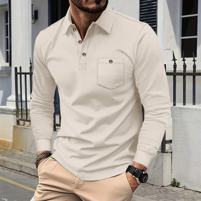 Klassisches Poloshirt aus Waffelstrick – Langarm-Knopfkragen mit Tasche (Khaki/Schwarz/Grau/Weinrot/Grün/Weiß, S-XXXL)_voghion.com