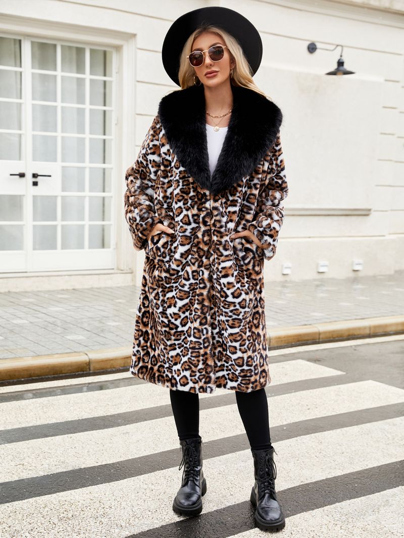 Cappotto in pelliccia sintetica extra lungo da donna con collo in pelliccia sintetica staccabile – Elegante soprabito invernale con stampa leopardata_voghion.com