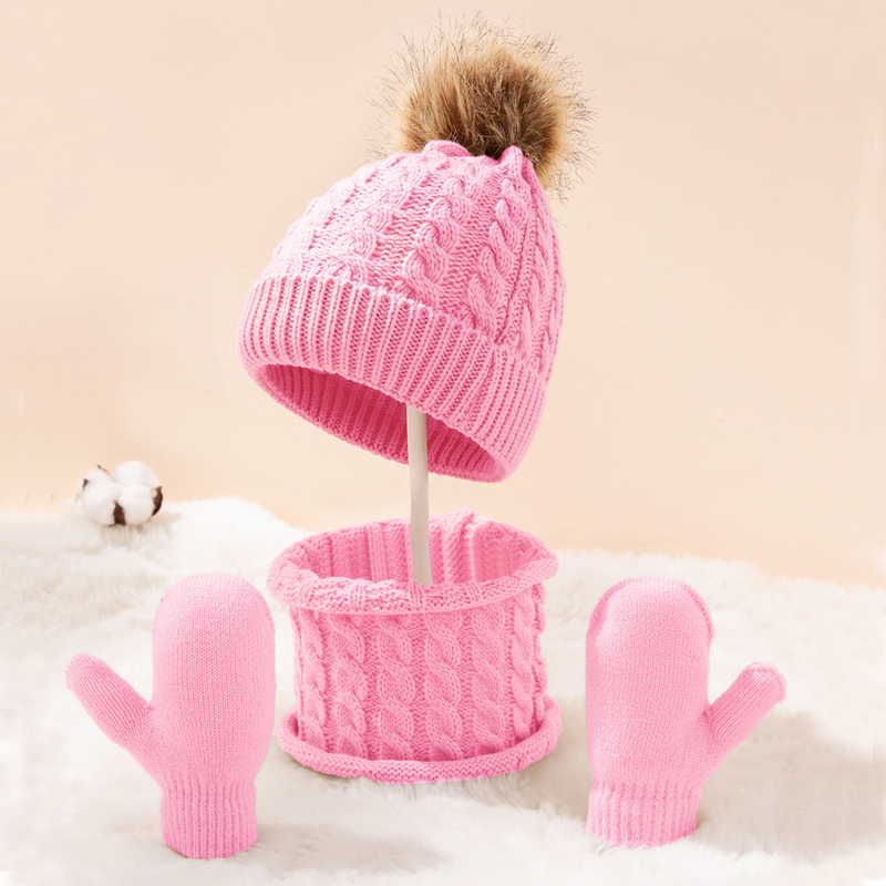 Baby clothing wool monochrome twist warm children's hat scarf gloves two or three sets_voghion.com