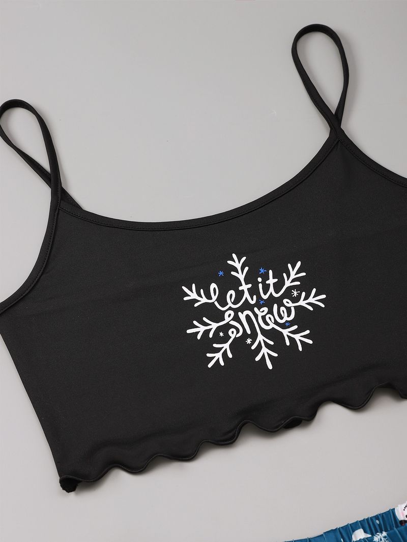 Short Sleeve Christmas Snowflake Print Vest Camisole Top Shorts Homewear Set Women's Casual Four_voghion.com