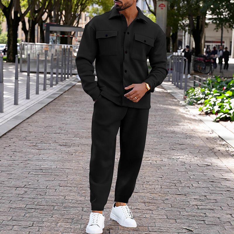 Herren-Set aus gebürsteter Fleecejacke und -hose – Einreihiger Winteranzug (S-XXXL, Schwarz/Grau/Armeegrün)_voghion.com