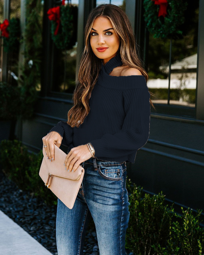 Vrouwen forens OL grote maat sexy off-the-shoulder effen kleur slim-fit gebreide trui vrouwelijk_voghion.com