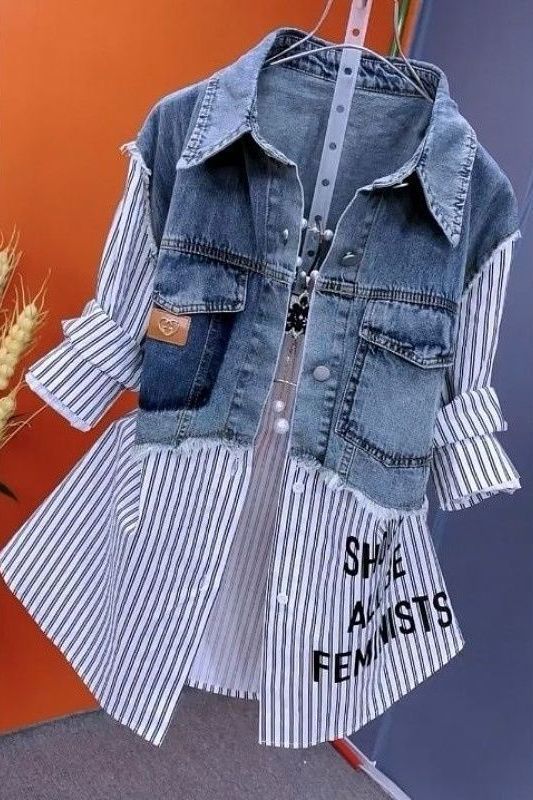 Modisches zweifarbiges Jeanshemd für Damen – Stylischer Lagenlook mit gestreiftem & weißem Kontrastdesign – Lässige Langarmbluse fürs Büro_voghion.com