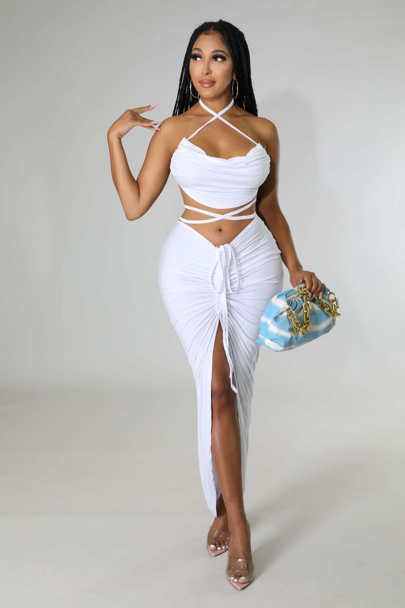 Y1141 Vêtements pour femmes de boîte de nuit Couleur unie Sexy Évider Fendu Cravate Dos Nu Ensemble deux pièces_voghion.com