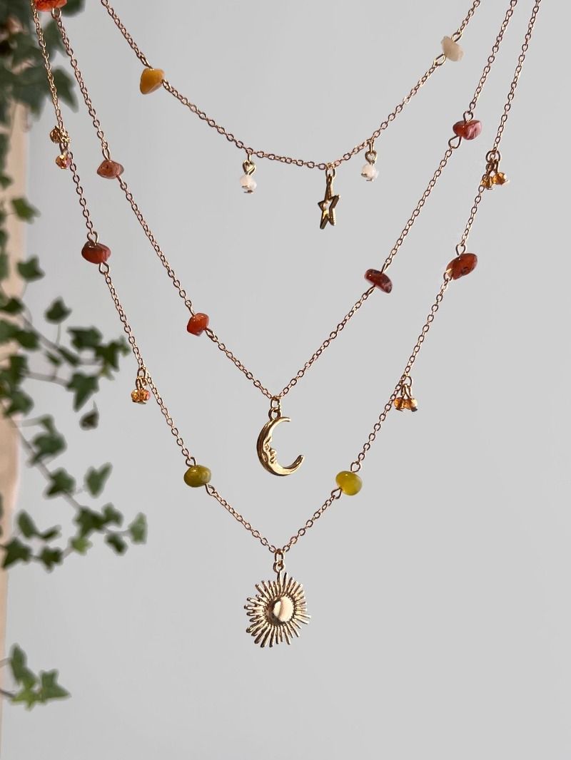 Set di collane a strati celestiali color oro per donna, collana con ciondolo sole, luna e stella con perline in pietra naturale, gioielli con dichiarazione di astrologia boho_voghion.com