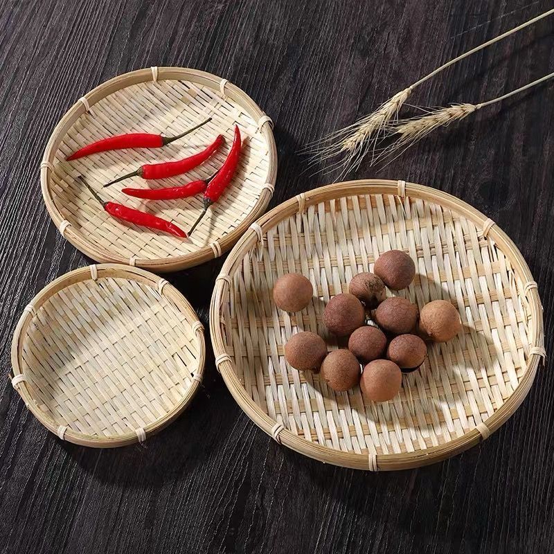 Perforated Sieve Handmade Basket Woven Round Household Storage Farmhouse Decoration Products Drying Bamboo Weaving_voghion.com