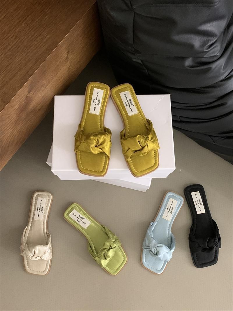 Satin Temperament Fairy Pleated One Line Slippers Exposed Toes, Low Heels, Cool Coolness, Summer Temperament, Paired_voghion.com