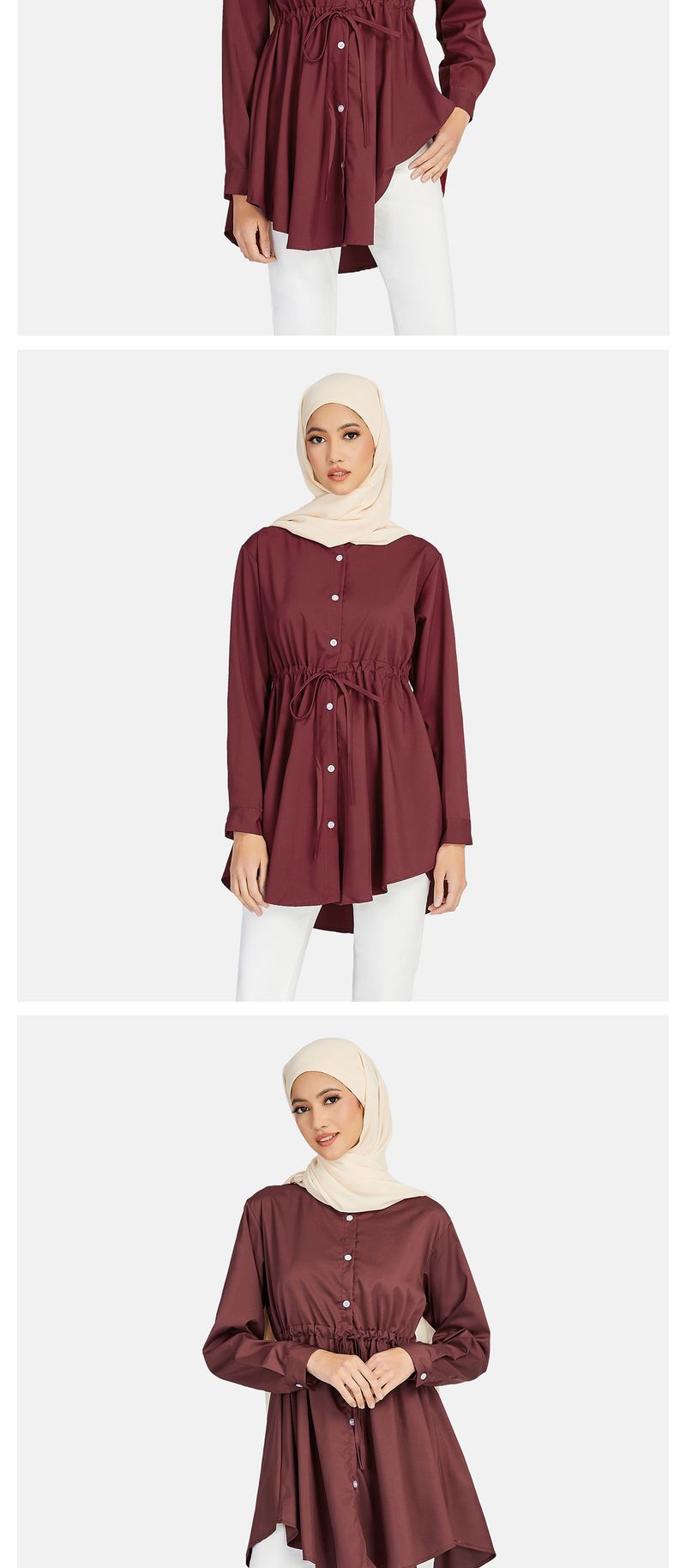 Abito camicia in chiffon tinta unita in vita musulmana asiatica da donna, top a maniche lunghe, abbigliamento da donna malese_voghion.com