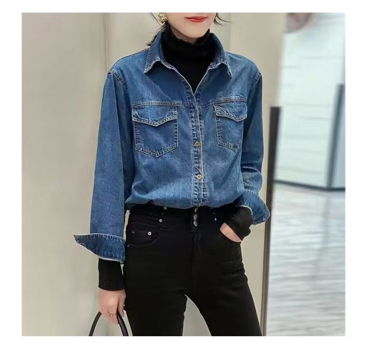 Vintage Jeanshemd im Hong Kong-Stil für Damen – Retro-blaues Oversized-Button-Down-Shirt mit klassischem Kragen, Freizeit- und Bürokleidung_voghion.com