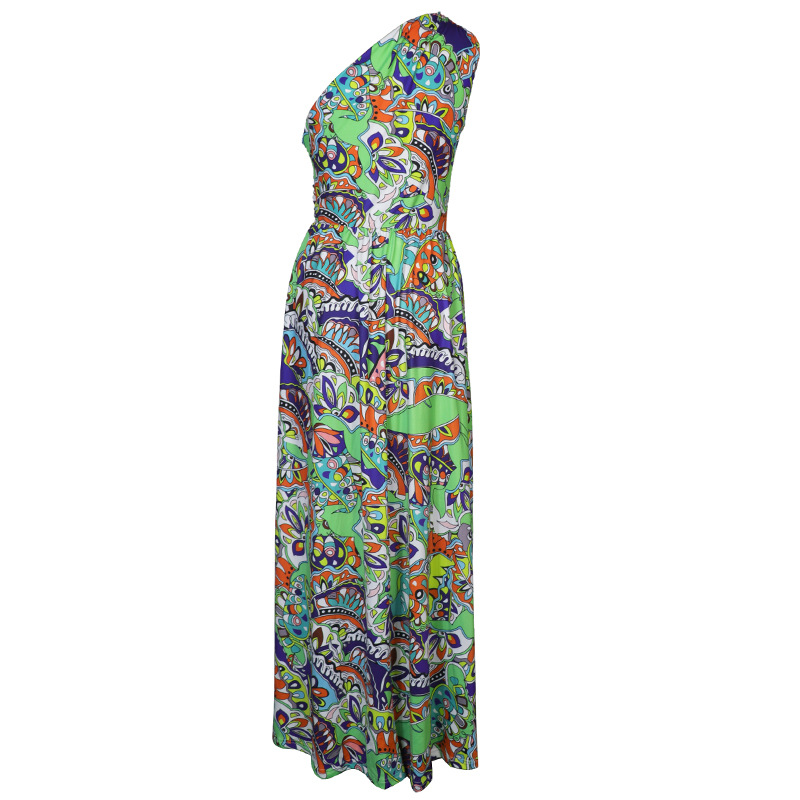 Damenbekleidung, bedrucktes Bohemian-Langkleid mit One-Shoulder-Ärmeln_voghion.com