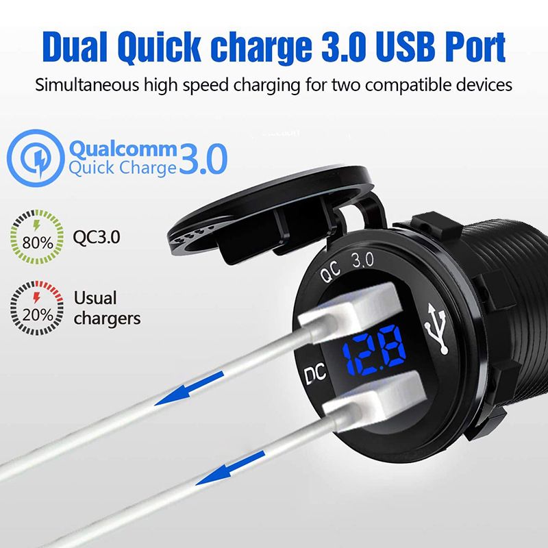 Carregador de carro modificado para motocicleta RV com porta USB de carregamento rápido inteligente QC3.0 de metal mais vendido_voghion.com