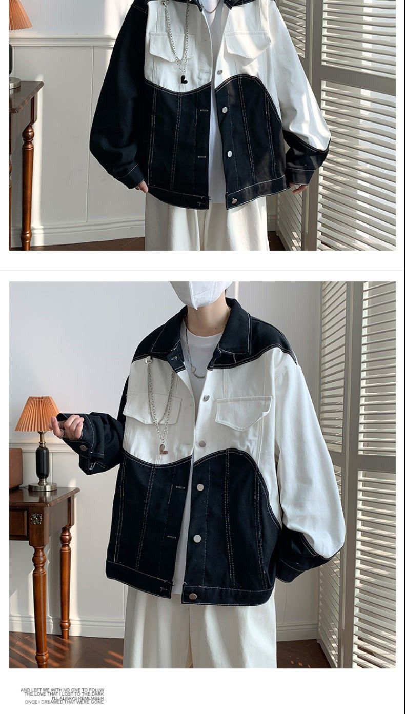 Schwarz-weiße kontrastierende Jeansjacke mit modischem Design, Nischen-Arbeitsjacke mit unregelmäßiger Farbblockierung, Herbstjacke für Herren_voghion.com