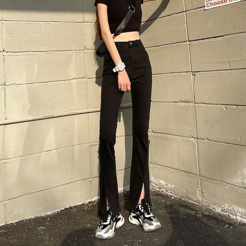 Black high waisted jeans for women, 2021 autumn new style, slim and wide leg, floor hugging split micro flared pants_voghion.com