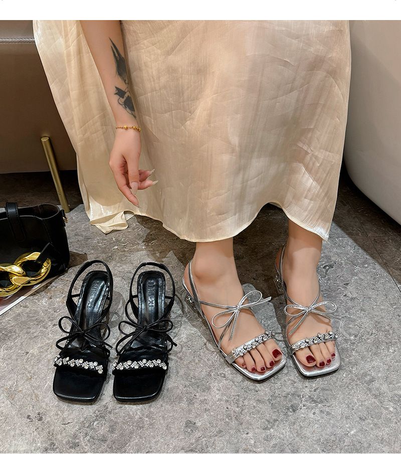 Sandali con tacco spesso e strass, stile fata con testa quadrata, stile 2025, con fiocco, da donna, estivi, con cinturino dritto,_voghion.com