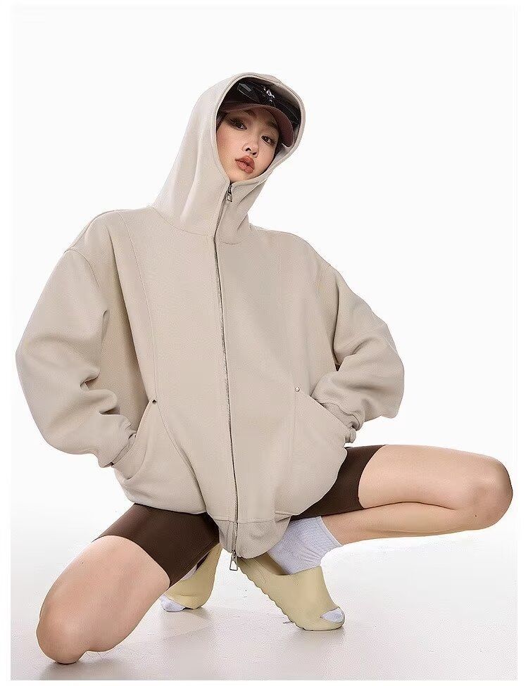 Übergroßer Kapuzenpullover mit Reißverschluss – Weiche Sherpa-Loungewear für Damen (Heather Grey/Cream, M-2XL)_voghion.com
