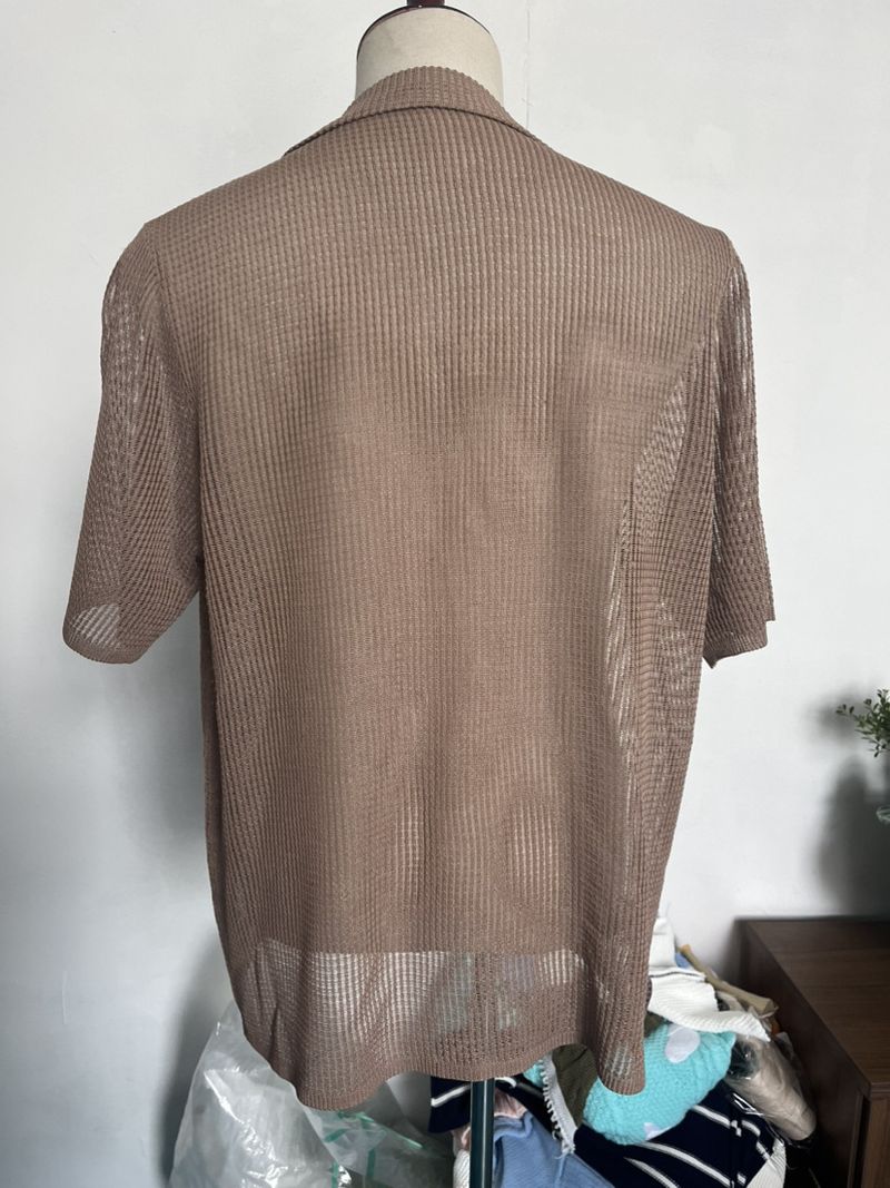 Vêtements d'été pour hommes, chemise décontractée en tricot, ajouré, respirant, manches courtes, revers, vêtements à la mode pour hommes_voghion.com