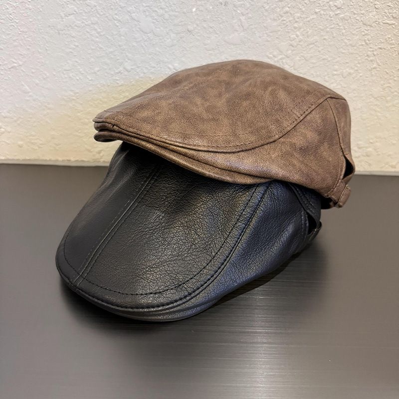 Cappelli da donna retrò in pelle PU, tinta unita, cappello a punta per autunno e inverno, berretto a rete con personalità di celebrità, cappello a becco d'anatra invertito per uomo_voghion.com