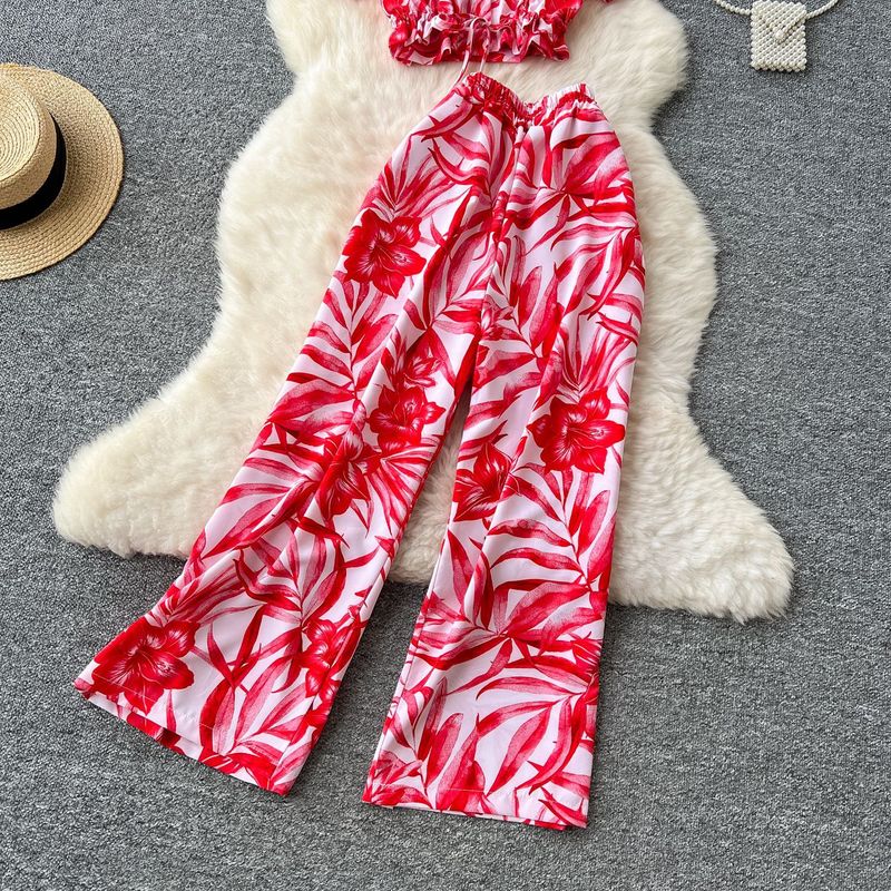 Vêtements pour femmes, nouveau style, haut imprimé à manches courtes, taille nouée, pantalon large taille haute_voghion.com