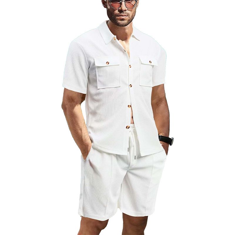 Ensemble deux pièces pour homme, chemise à manches courtes et short, couleur unie, gaufré, nouvelle collection été_voghion.com