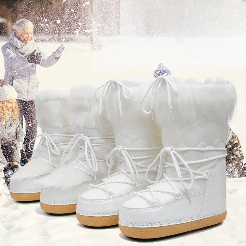 Schuhe von besserer Qualität 2024 Neue Winterpelz-Schnee-Frauen-Ski-flauschige haarige Schnürung mit mittlerer Wadenplattform flach mit weißen Baumwollstiefeln_voghion.com