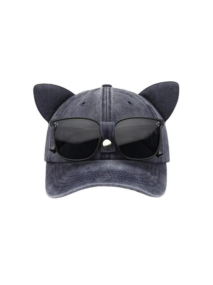 Nuovo simpatico cappello da pilota con orecchie di gatto con occhiali Berretto da baseball lavato con acqua Visiera parasole esterna regolabile Cappelli da sole Regalo unisex_voghion.com
