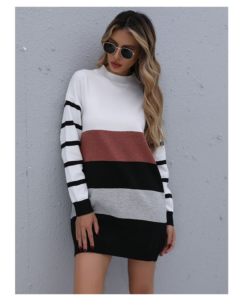 Vestido estilo suéter japonés de largo medio con cuello de tortuga y rayas_voghion.com