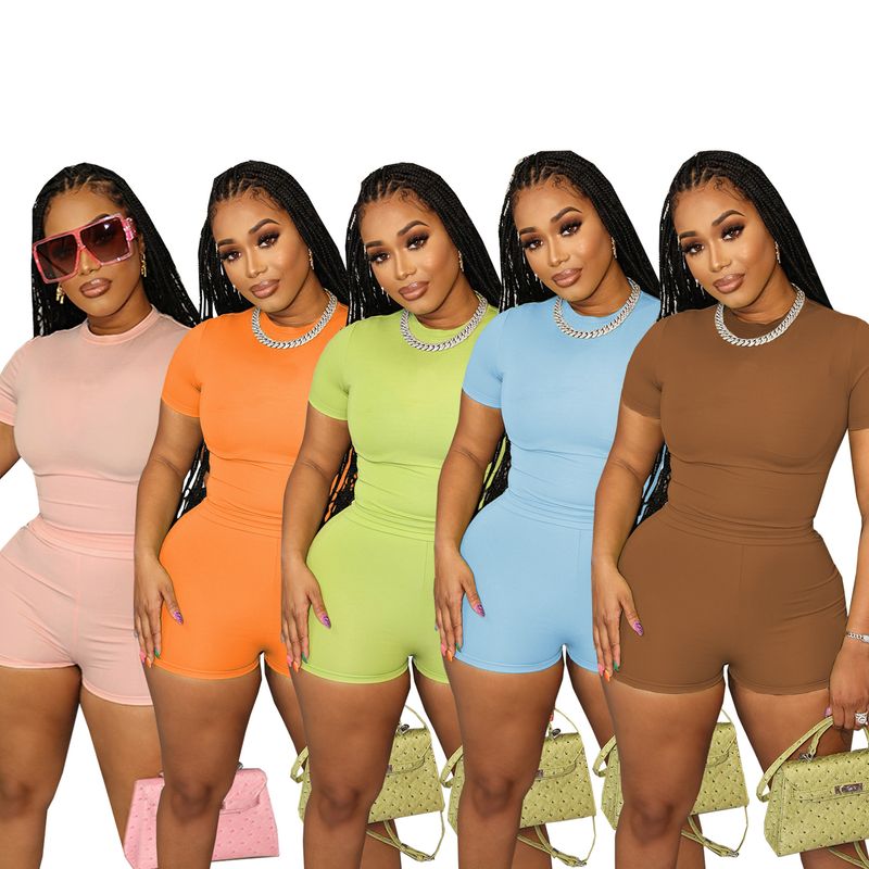 TD2305 Set due pezzi da donna transfrontaliero con pantaloncini a maniche corte casual in stile sportivo color caramella europeo e americano_voghion.com