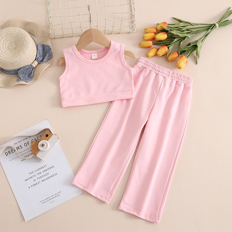 Mère et enfants vêtements pour enfants filles mode décontracté gilet sans manches couleur unie ensemble ins vent deux pièces ensemble_voghion.com